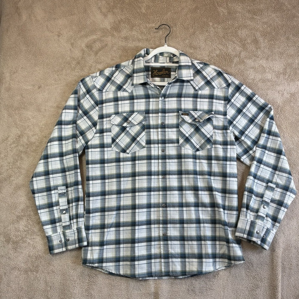 Howler Brothers Flannel Shirt Mens L Plaid Snap Western‎ Long Sleeve Blue EUC